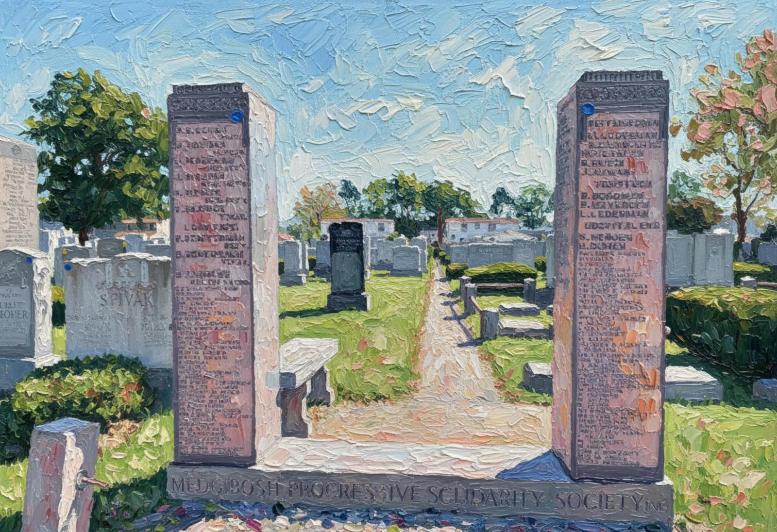 Painting of the Medgibosh Progressive Solidarity Society gate at Beth David Cemetery, Elmont: two granite pillars with members' names, a bench and a path between them
