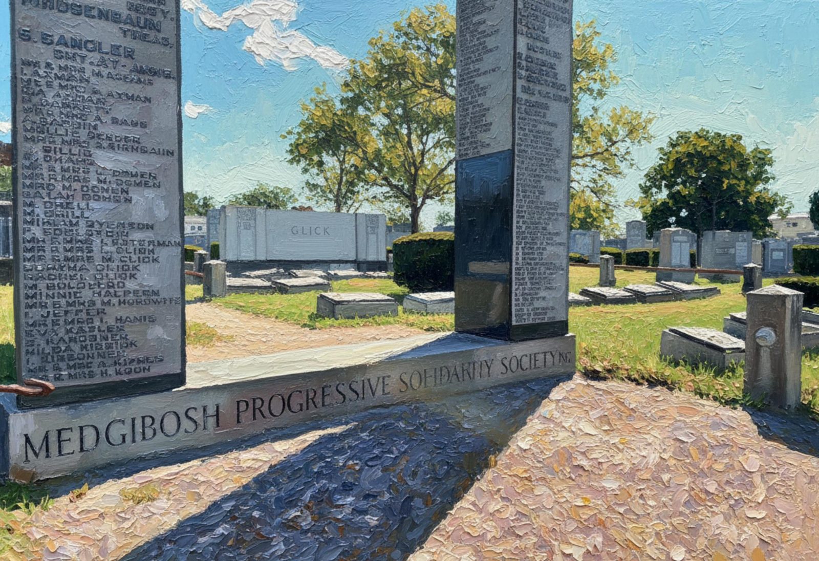 Painting of the society gate inscription, MEDGIBOSH PROGRESSIVE SOLIDARITY SOCIETY INC., with the Glick family monument beyond